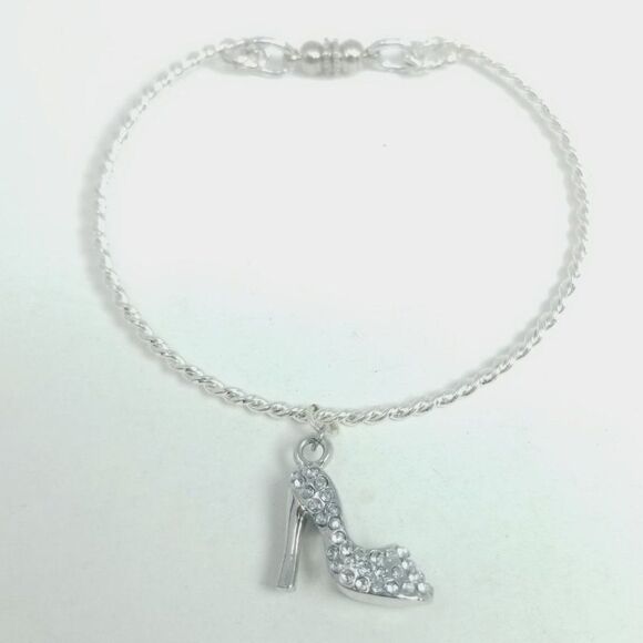 Vintage Rhinestone High Heel Shoe Charm Bracelet, Silver Tone Fashion Girl - Picture 1 of 4